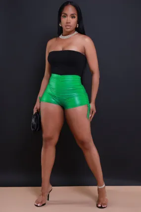 Green Screen Faux Leather Ruched Shorts - Kelly Green