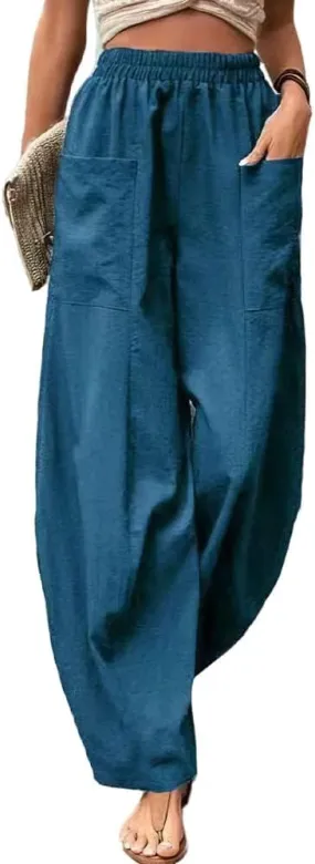 High Waist Relaxed Fit Lantern Trousers Plus Size Cotton Linen Casual Summer Elastic Pants for Women