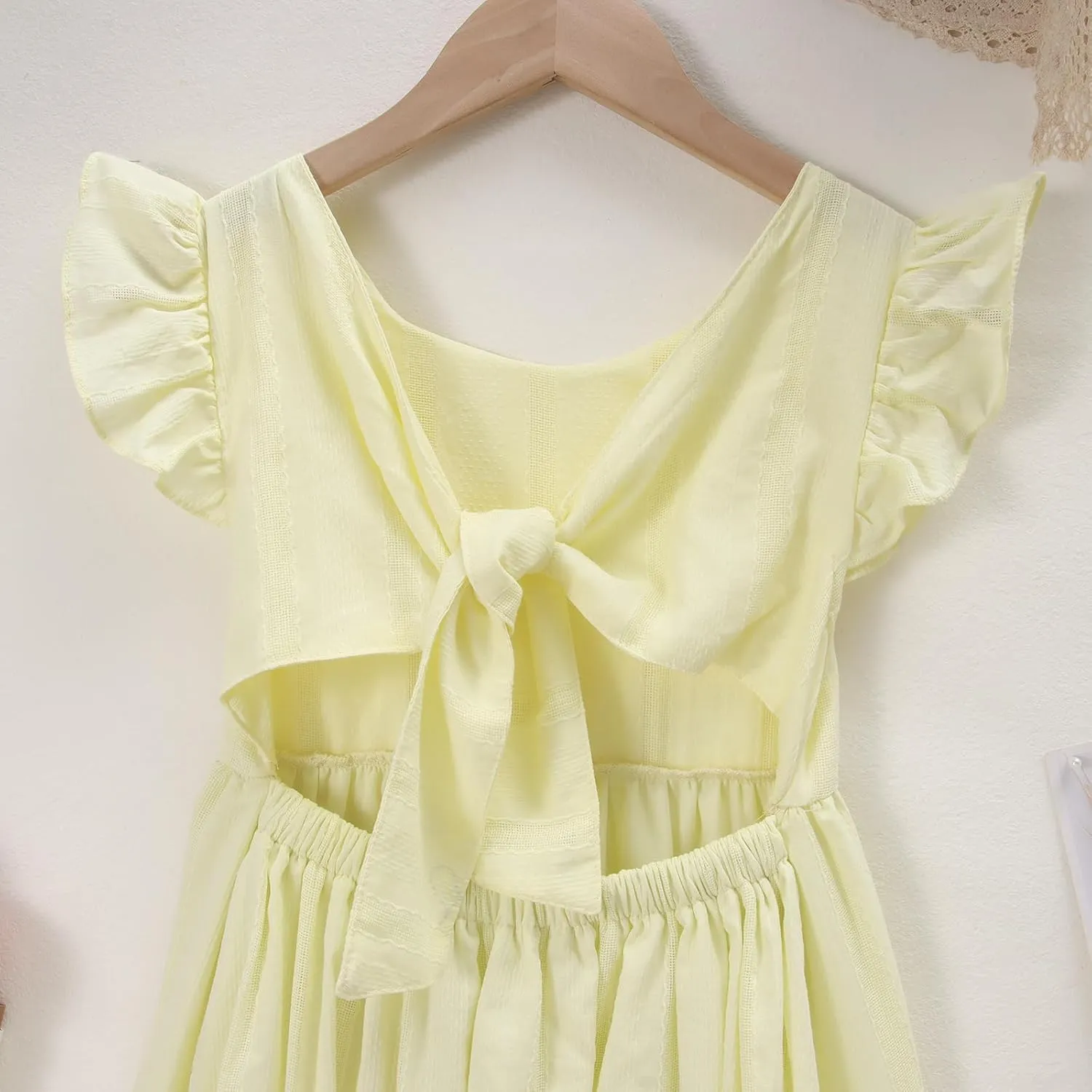 IZYJOY Girls Cotton Dress Tie Back Ruffle Sleeveless Sundress Summer Casual Beach A-Line Swing Solid Midi Dresses