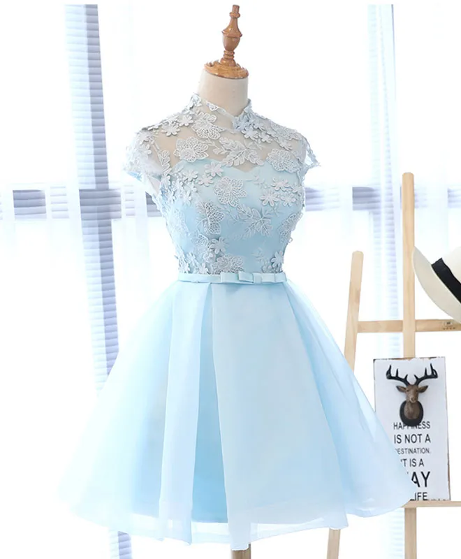 Light Blue Applique Short Prom Dress, Blue Homecoming Dress