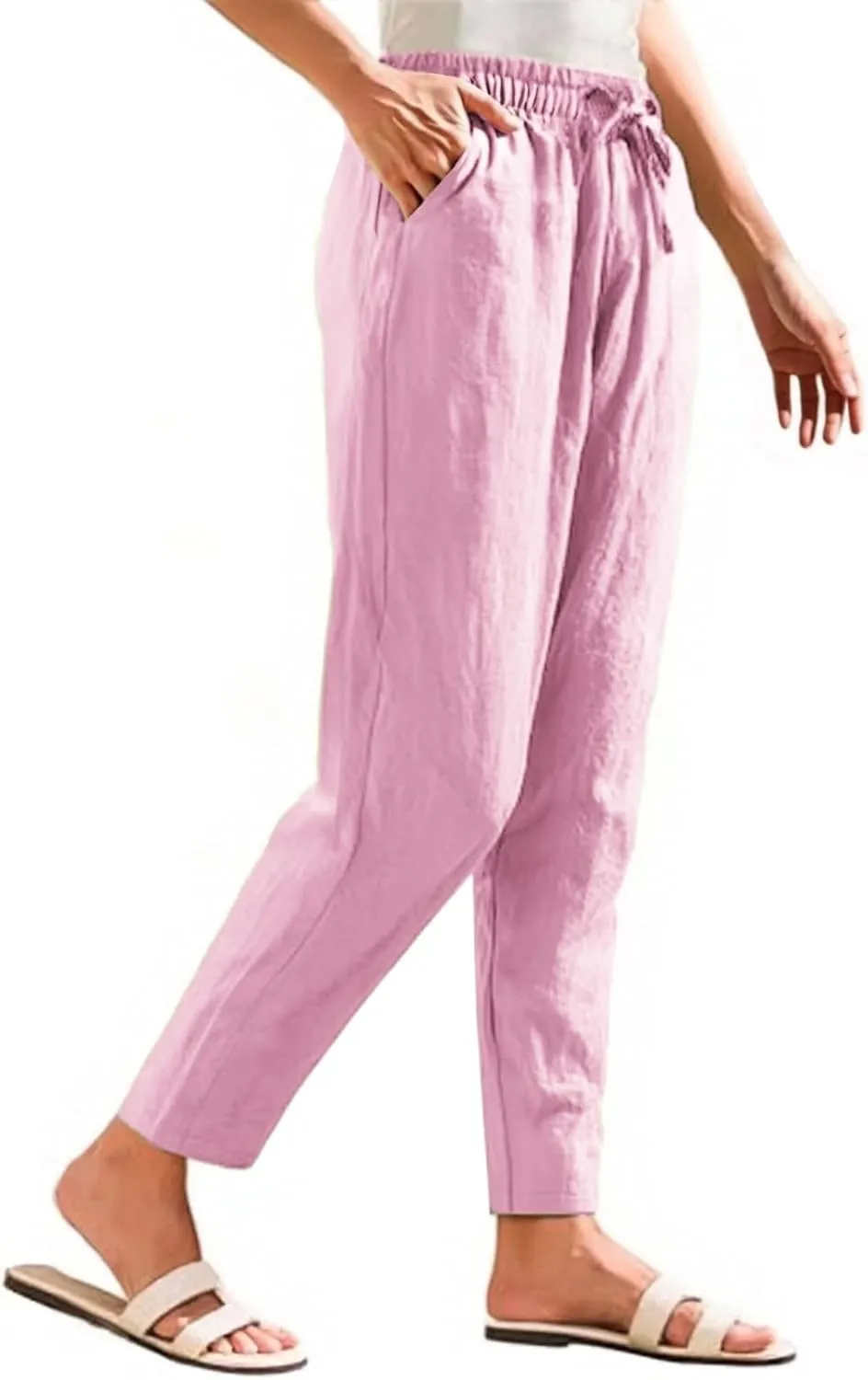 Linen Pants for Women 2025 Drawstring Lounge Trousers Elastic Waist Summer Beach Pant Outfits with Pockets