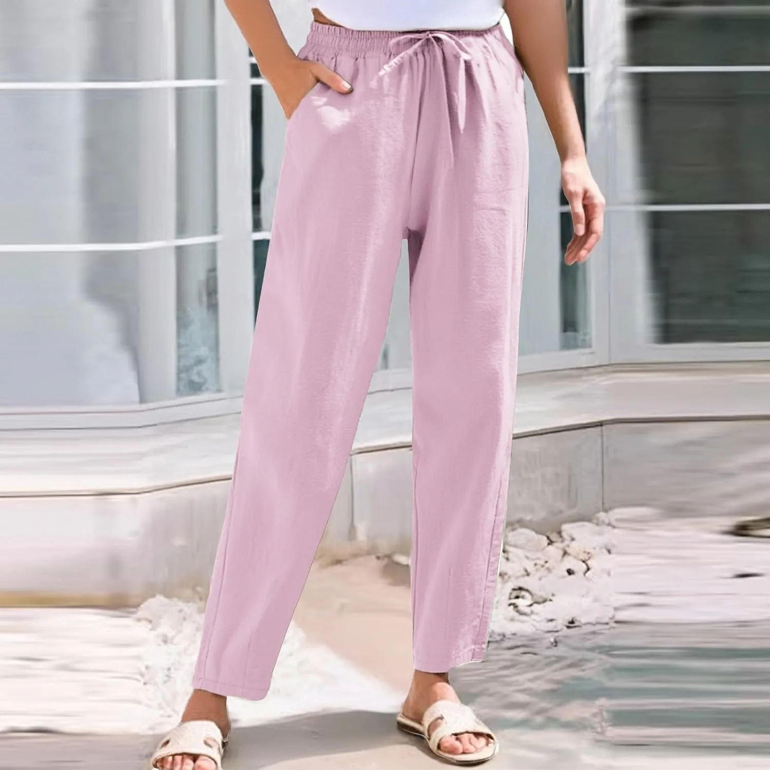 Linen Pants for Women 2025 Drawstring Lounge Trousers Elastic Waist Summer Beach Pant Outfits with Pockets