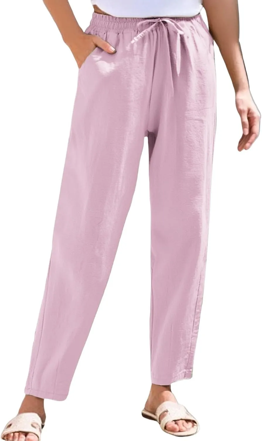 Linen Pants for Women 2025 Drawstring Lounge Trousers Elastic Waist Summer Beach Pant Outfits with Pockets