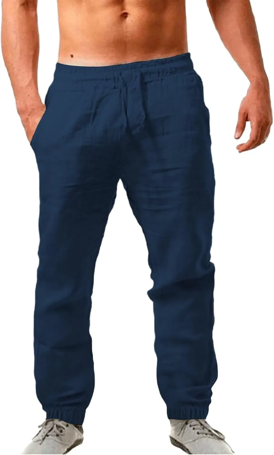 Linen Pants Men Summer Casual Drawstring Low Rise Elastic Waist Pants Lightweight Comfy Loose Yoga Long Beach Trousers
