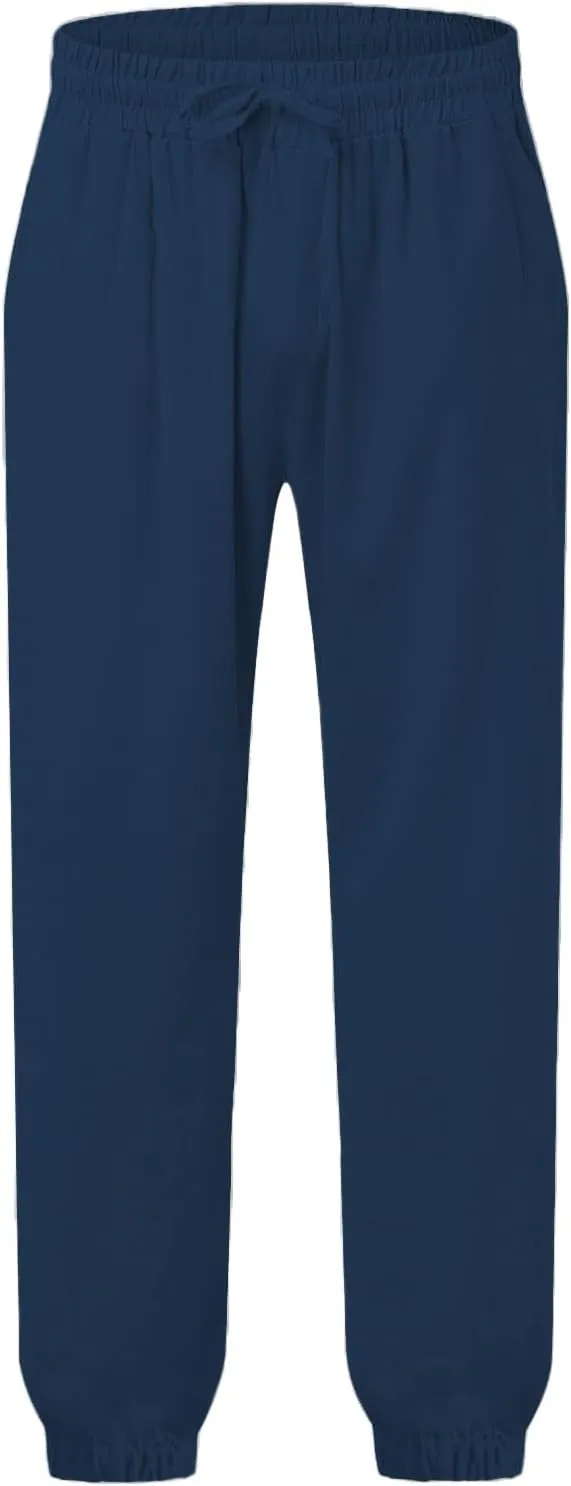 Linen Pants Men Summer Casual Drawstring Low Rise Elastic Waist Pants Lightweight Comfy Loose Yoga Long Beach Trousers