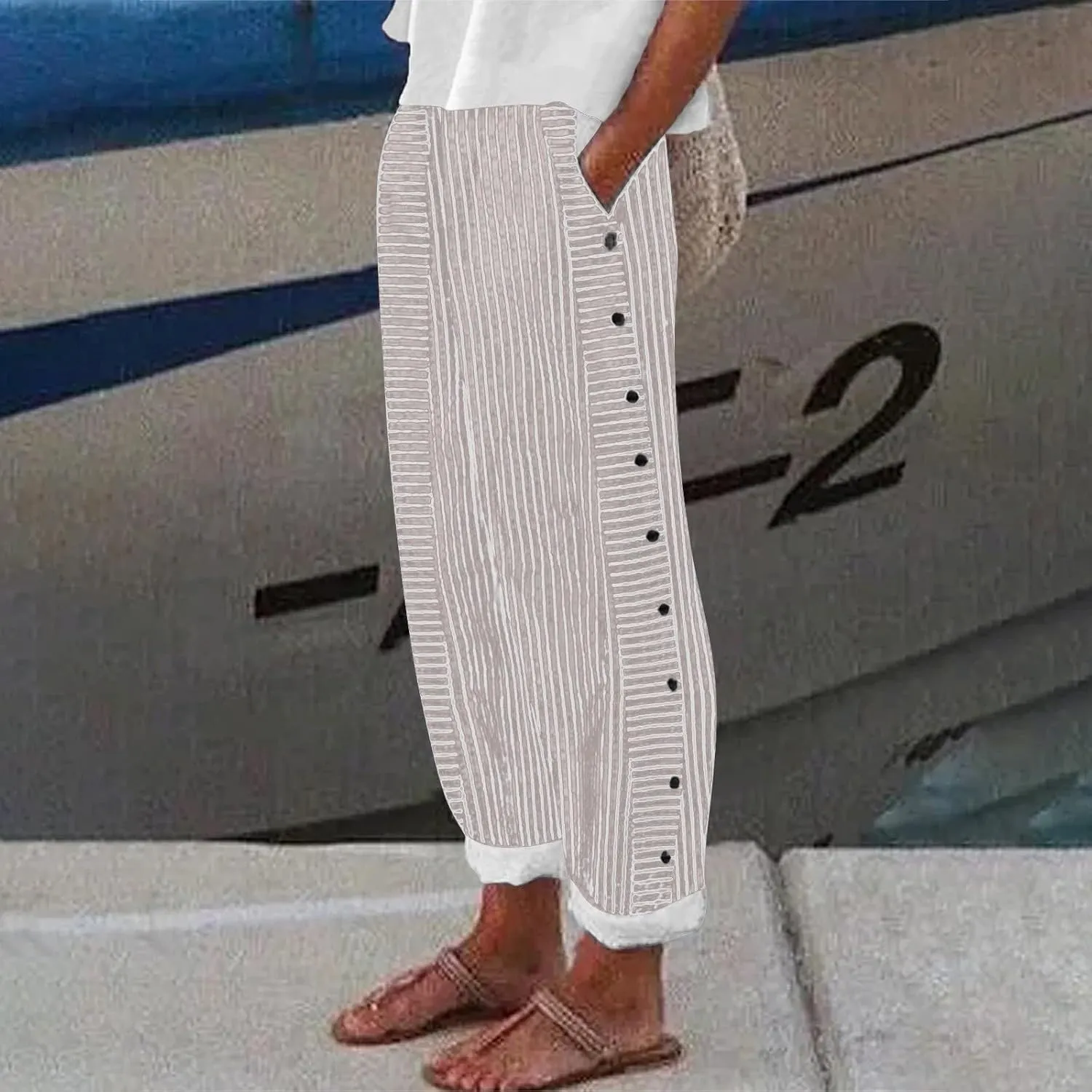 Linen Pants Women 2025 Summer Trendy Comfy Striped Side Button Elastic Waist Wide Straight Leg Trousers with Pocket