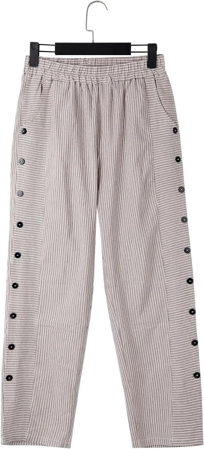 Linen Pants Women 2025 Summer Trendy Comfy Striped Side Button Elastic Waist Wide Straight Leg Trousers with Pocket