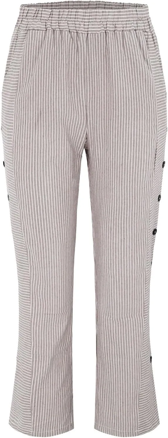 Linen Pants Women 2025 Summer Trendy Comfy Striped Side Button Elastic Waist Wide Straight Leg Trousers with Pocket