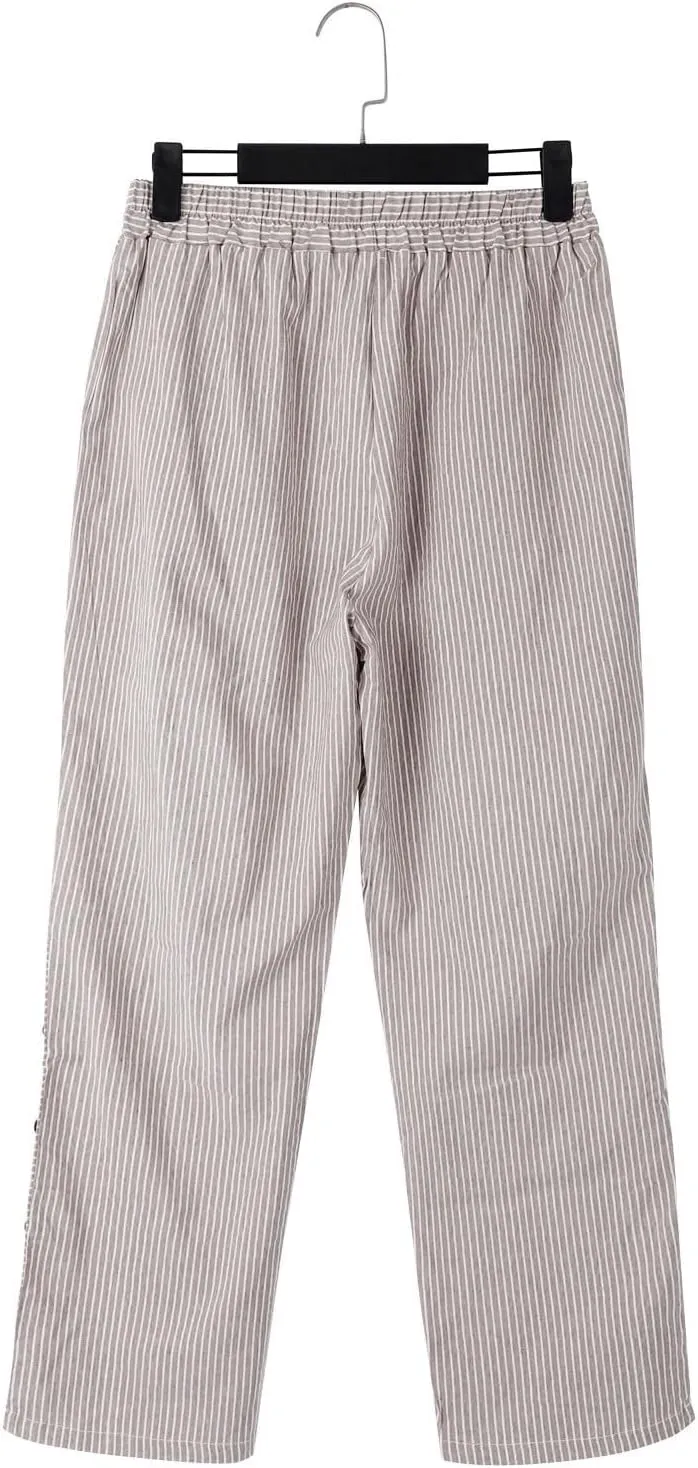 Linen Pants Women 2025 Summer Trendy Comfy Striped Side Button Elastic Waist Wide Straight Leg Trousers with Pocket
