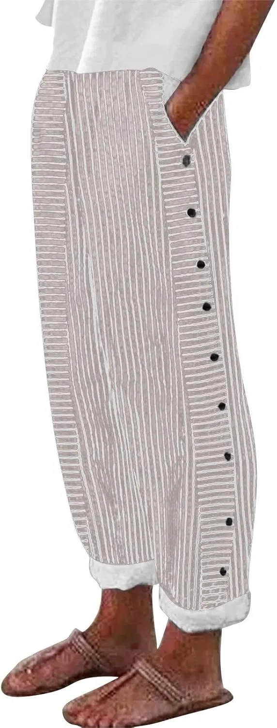 Linen Pants Women 2025 Summer Trendy Comfy Striped Side Button Elastic Waist Wide Straight Leg Trousers with Pocket