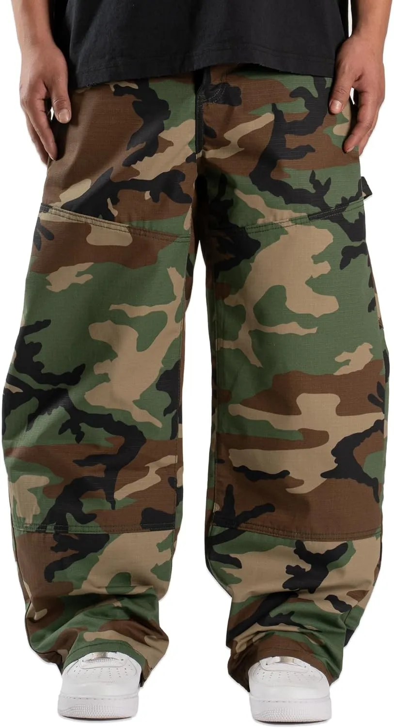 Men's Baggy Camo Cargo Pants Casual Relaxed Fit Wide Leg Straight Trousers Zipper Hip Hop Pants with Multi Pockets