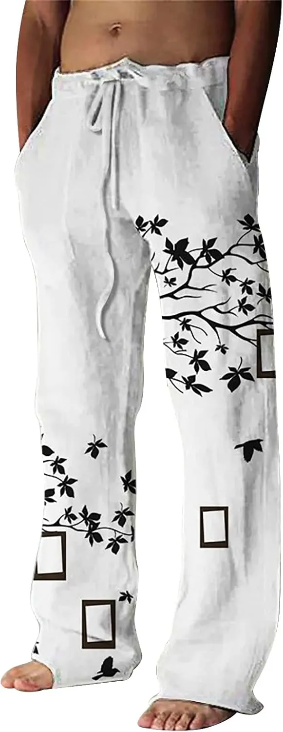 Men's Casual Linen Pants Drawstring Elastic Waist Lightweight Bagger Pant 2024 Summer Beach Yoga Long Pants Mens Equestrian Breeches