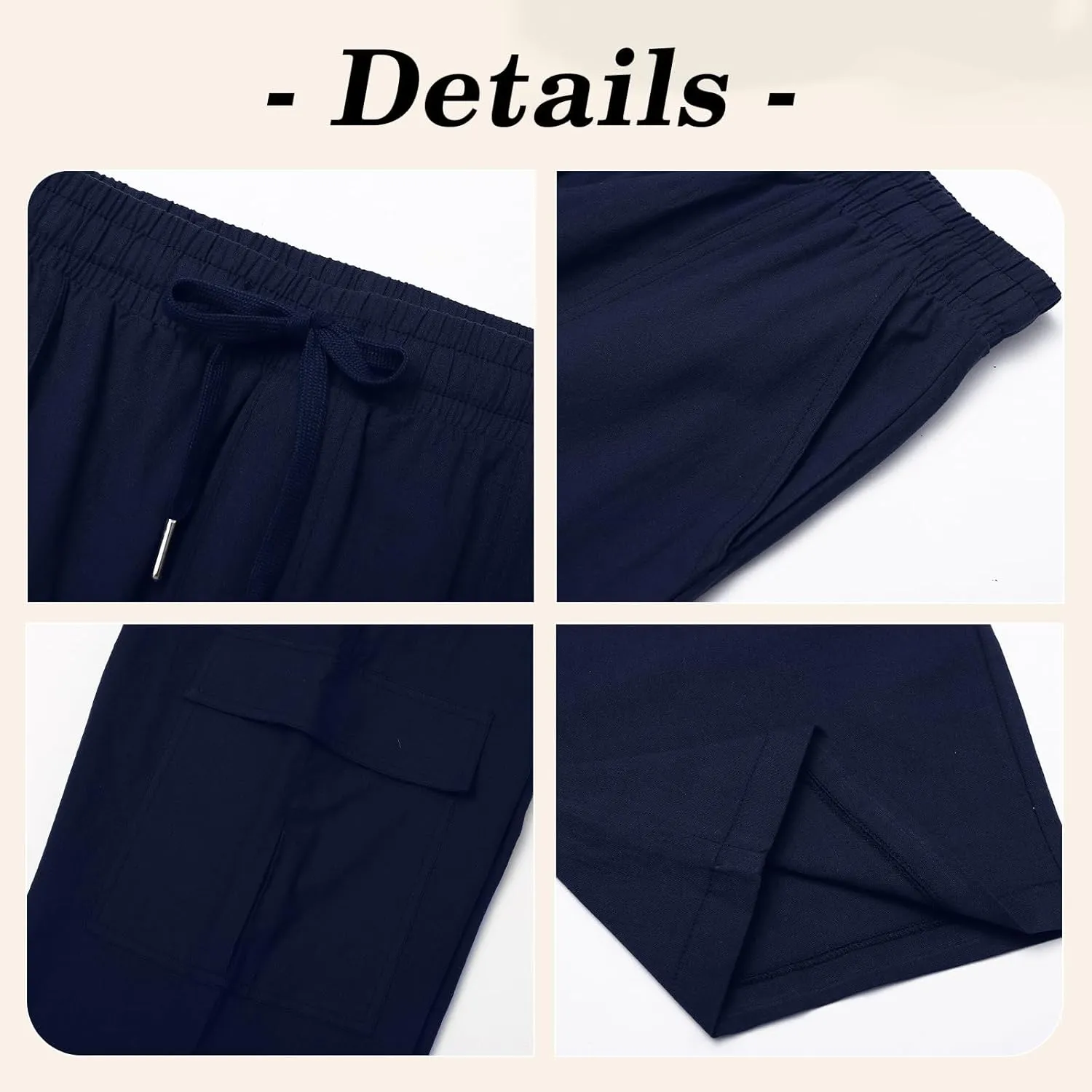 Men's Casual Linen Pants Summer Loose Fit Elastic Waist Drawstring Pants Lightweight Linen Cargo Trousers with Pockets