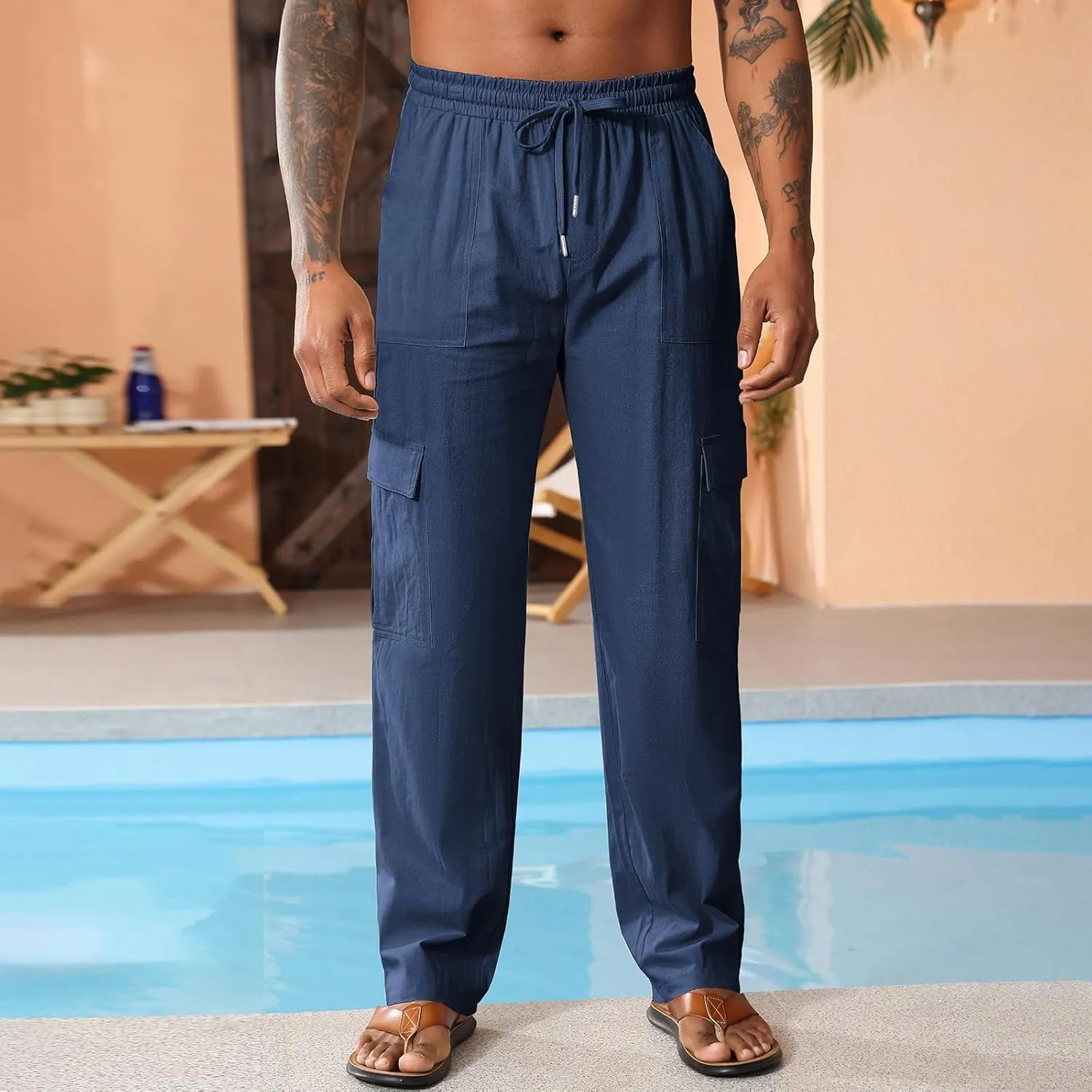Men's Casual Linen Pants Summer Loose Fit Elastic Waist Drawstring Pants Lightweight Linen Cargo Trousers with Pockets