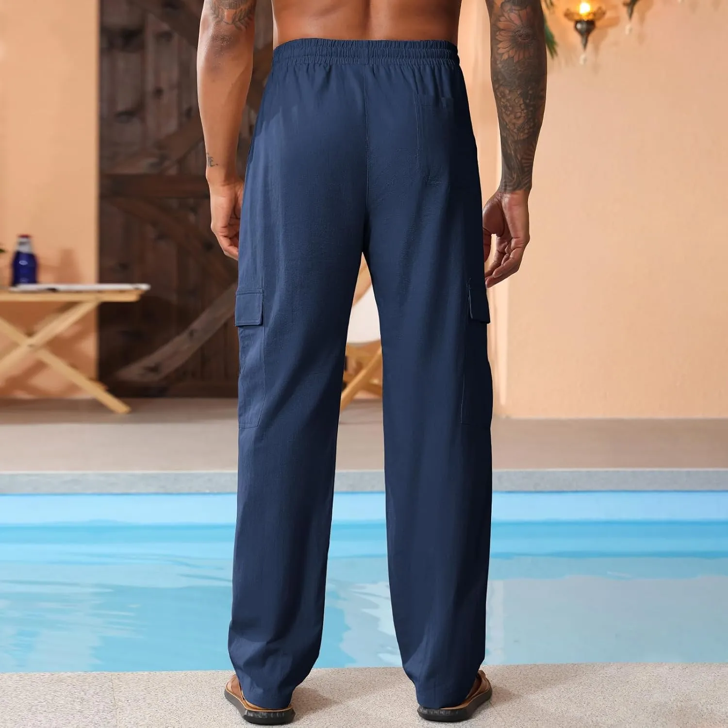Men's Casual Linen Pants Summer Loose Fit Elastic Waist Drawstring Pants Lightweight Linen Cargo Trousers with Pockets