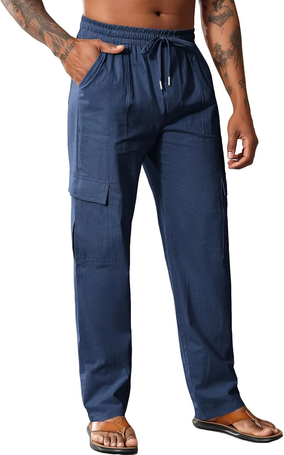 Men's Casual Linen Pants Summer Loose Fit Elastic Waist Drawstring Pants Lightweight Linen Cargo Trousers with Pockets