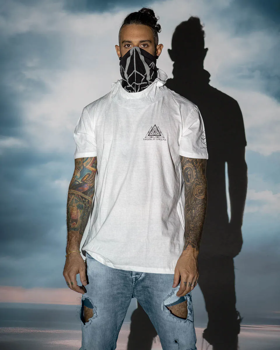 Mens Festival Top | Psy Clothing | Mens Rave Outfit | UV Blacklight Shirt | Psychedelic Shirt | Neck Gaiter and Hood | Tribal Spirit - Ninja