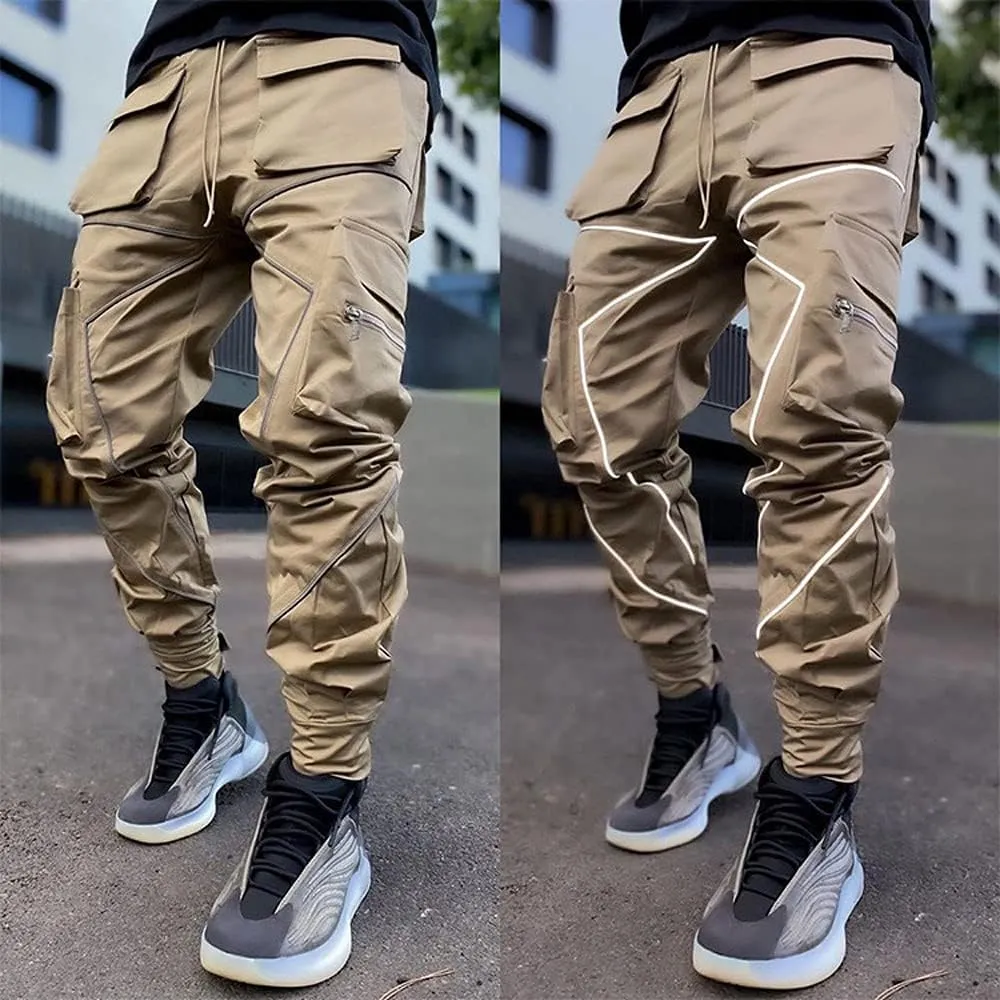 Mens Hiphop Jogger Sweatpants Cargo Streetwear Punk Pants with Multi-Pockets