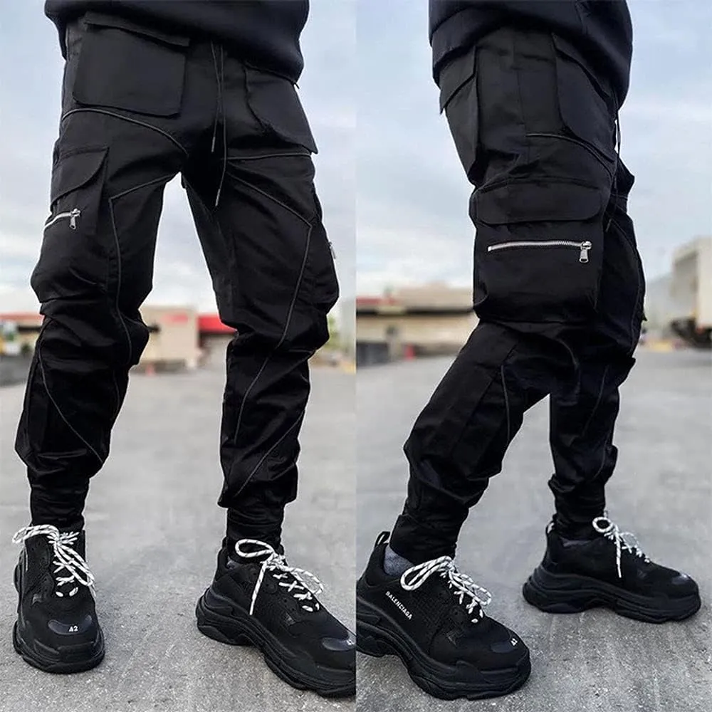 Mens Hiphop Jogger Sweatpants Cargo Streetwear Punk Pants with Multi-Pockets