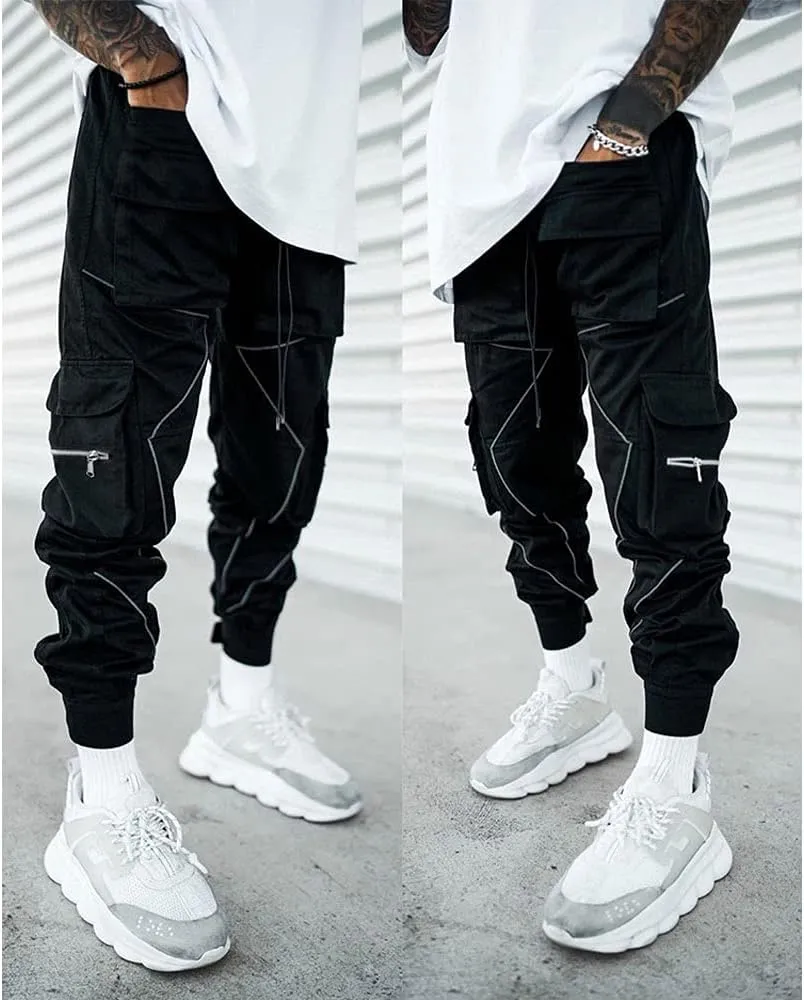 Mens Hiphop Jogger Sweatpants Cargo Streetwear Punk Pants with Multi-Pockets