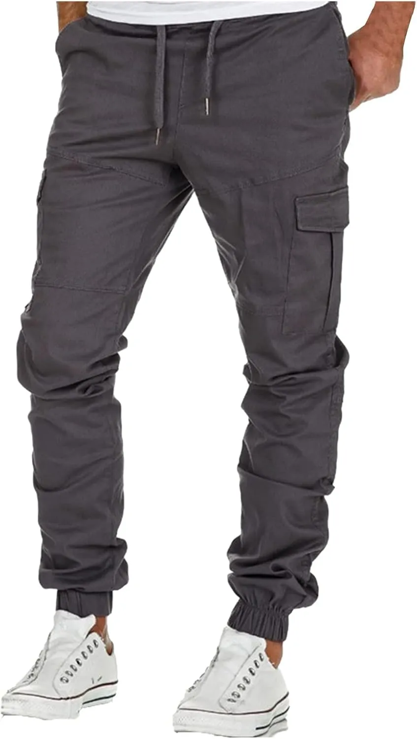 Men's Leisure Relaxed Fit Pants Hiking Cargo Pants Solid Multi-Pocket Trousers Drawstring Joggers Gym Sweatpants