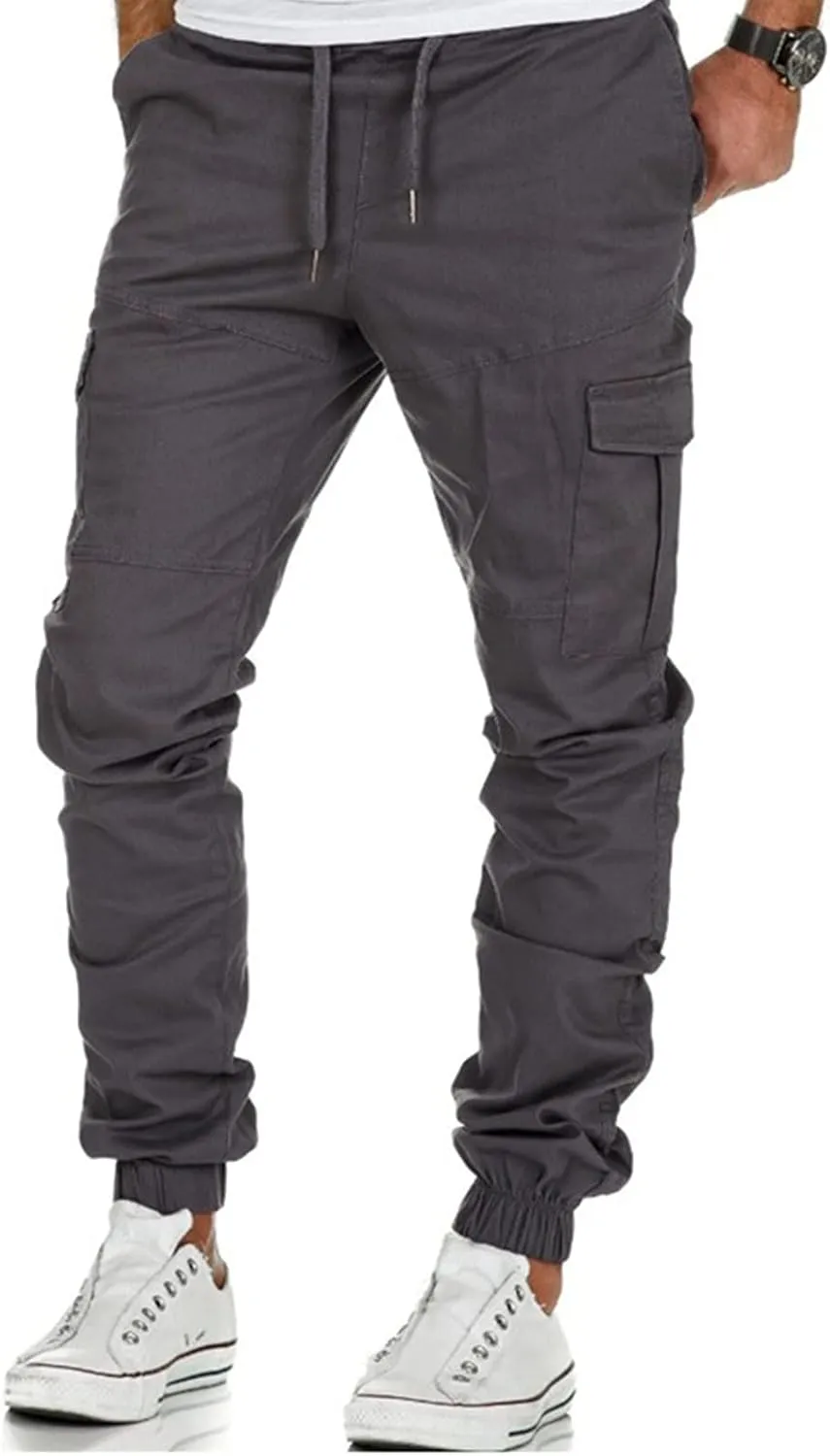 Men's Leisure Relaxed Fit Pants Hiking Cargo Pants Solid Multi-Pocket Trousers Drawstring Joggers Gym Sweatpants