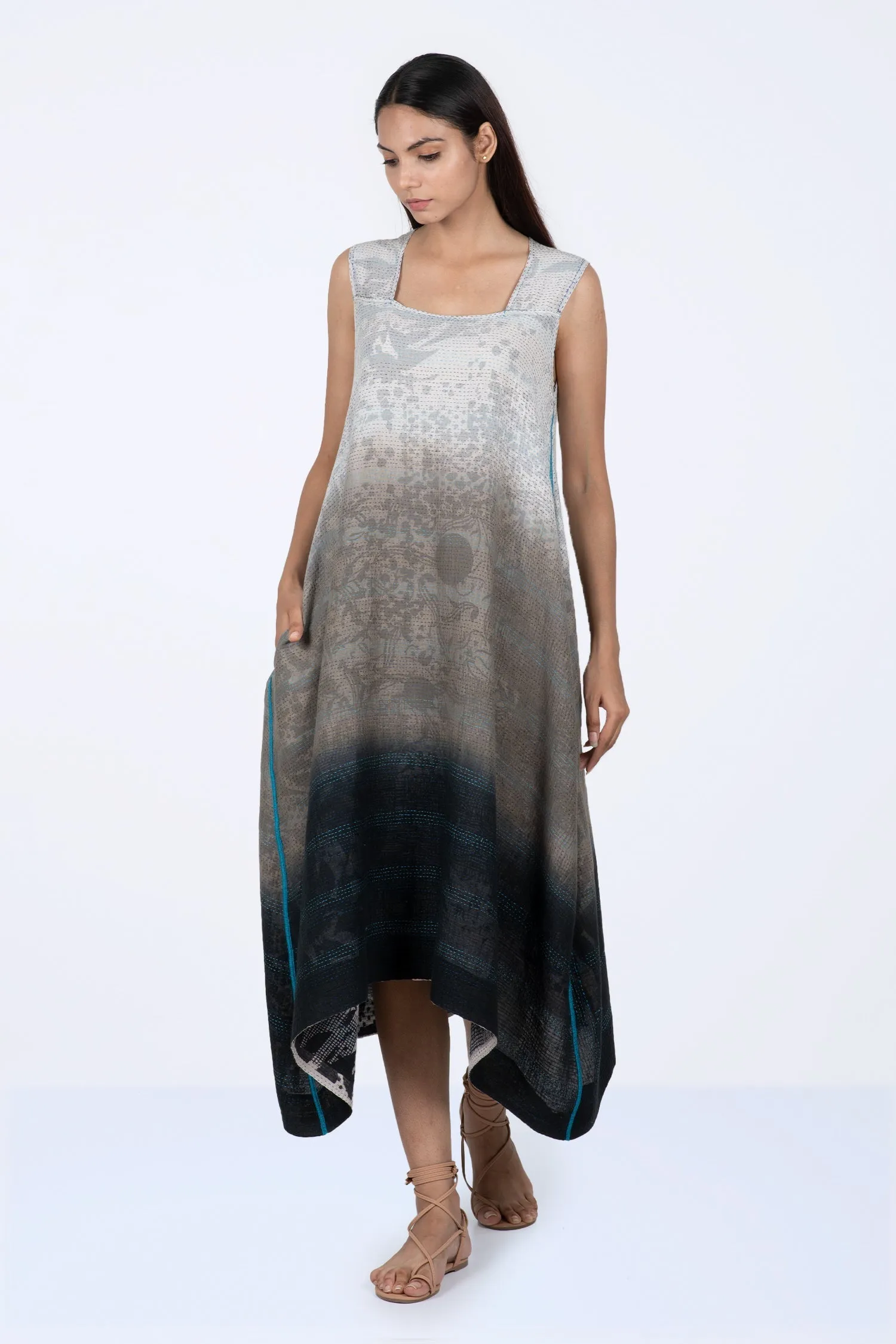 MONOTONE TWILIGHT PRINT KANTHA TENT DRESS - tp2413-wht -