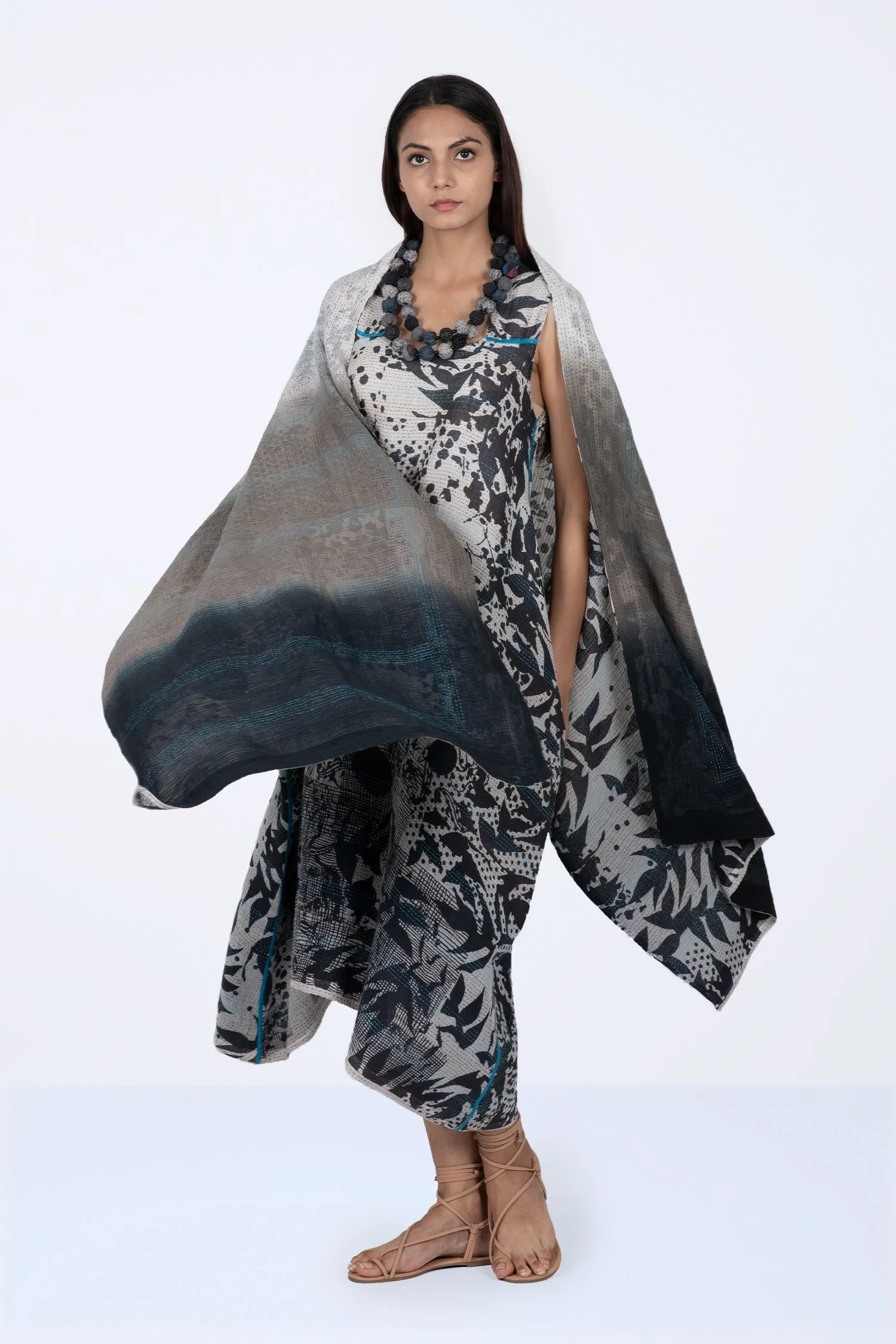 MONOTONE TWILIGHT PRINT KANTHA TENT DRESS - tp2413-wht -