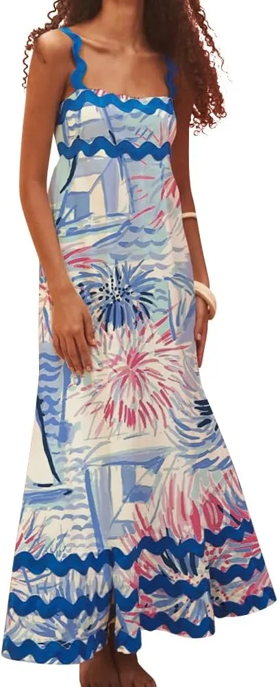 ODIZLI Women's Summer Spaghetti Straps Sleeveless Smocked Sundresses Rickrack Trim Ruffle Long Maxi Dress Sundress