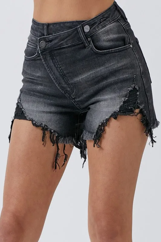 Off The Grid Distressed High Rise Criss Cross Denim Shorts