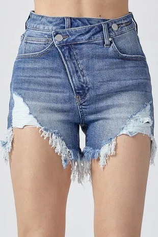 Off The Grid Distressed High Rise Criss Cross Denim Shorts