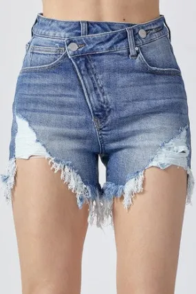 Off The Grid Distressed High Rise Criss Cross Denim Shorts