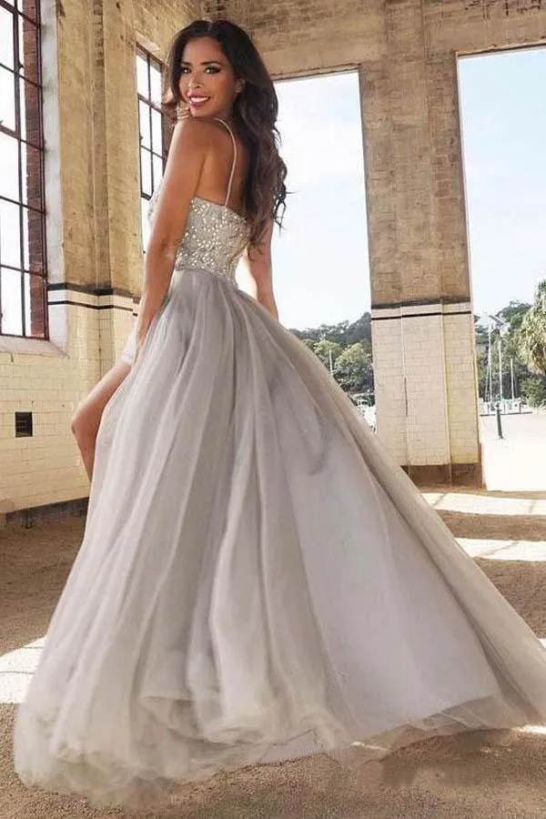 Pale Silver Gray Sparkly Beading Tulle A-line Prom Dress Long | Graduation Dress