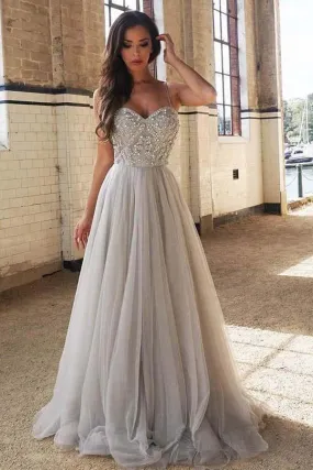 Pale Silver Gray Sparkly Beading Tulle A-line Prom Dress Long | Graduation Dress