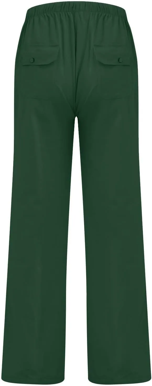 Plus Size Linen Pants Men Loose Fit Casual Drawstring Elastic Waist Pants Lightweight Summer Beach Trousers w/Pockets