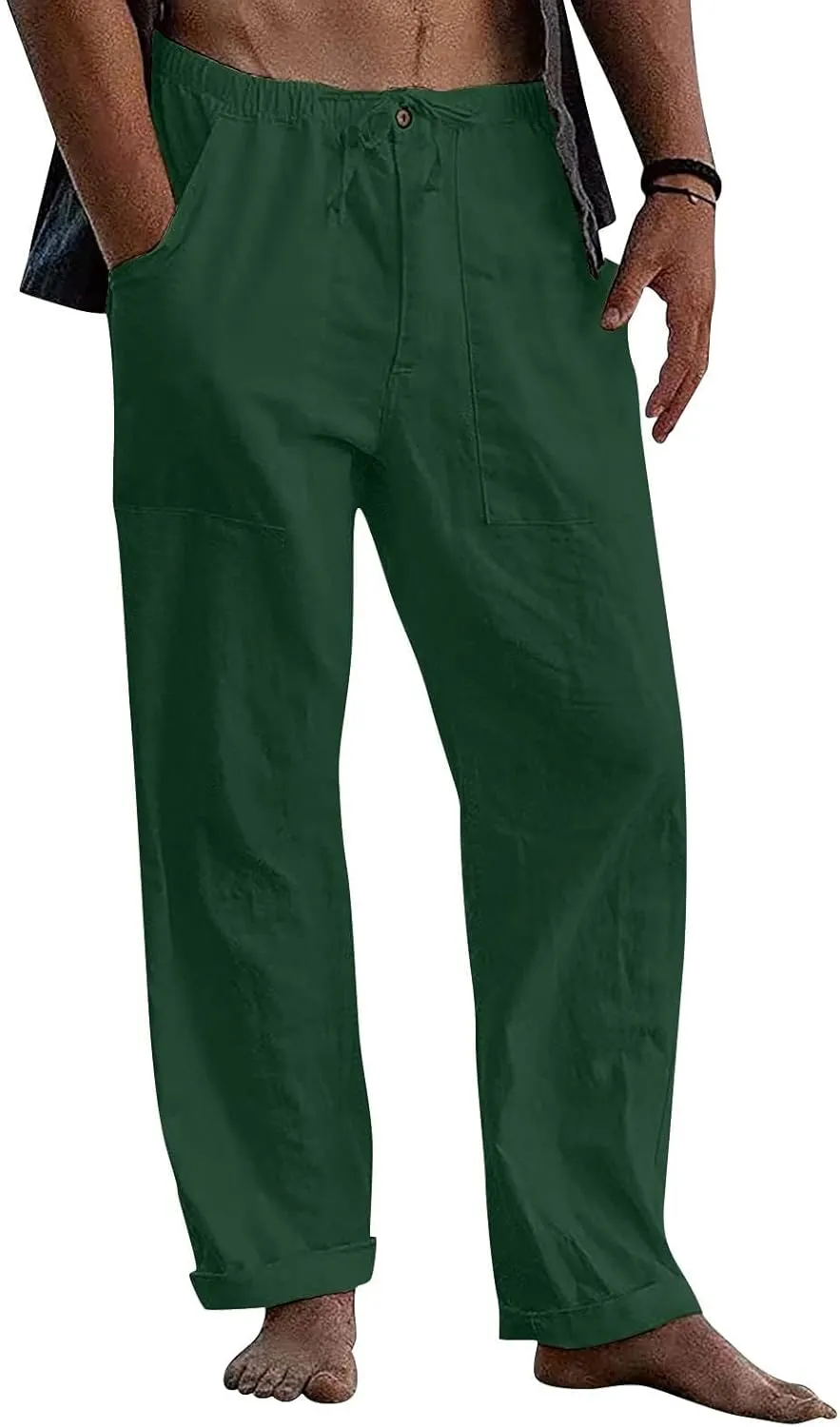 Plus Size Linen Pants Men Loose Fit Casual Drawstring Elastic Waist Pants Lightweight Summer Beach Trousers w/Pockets