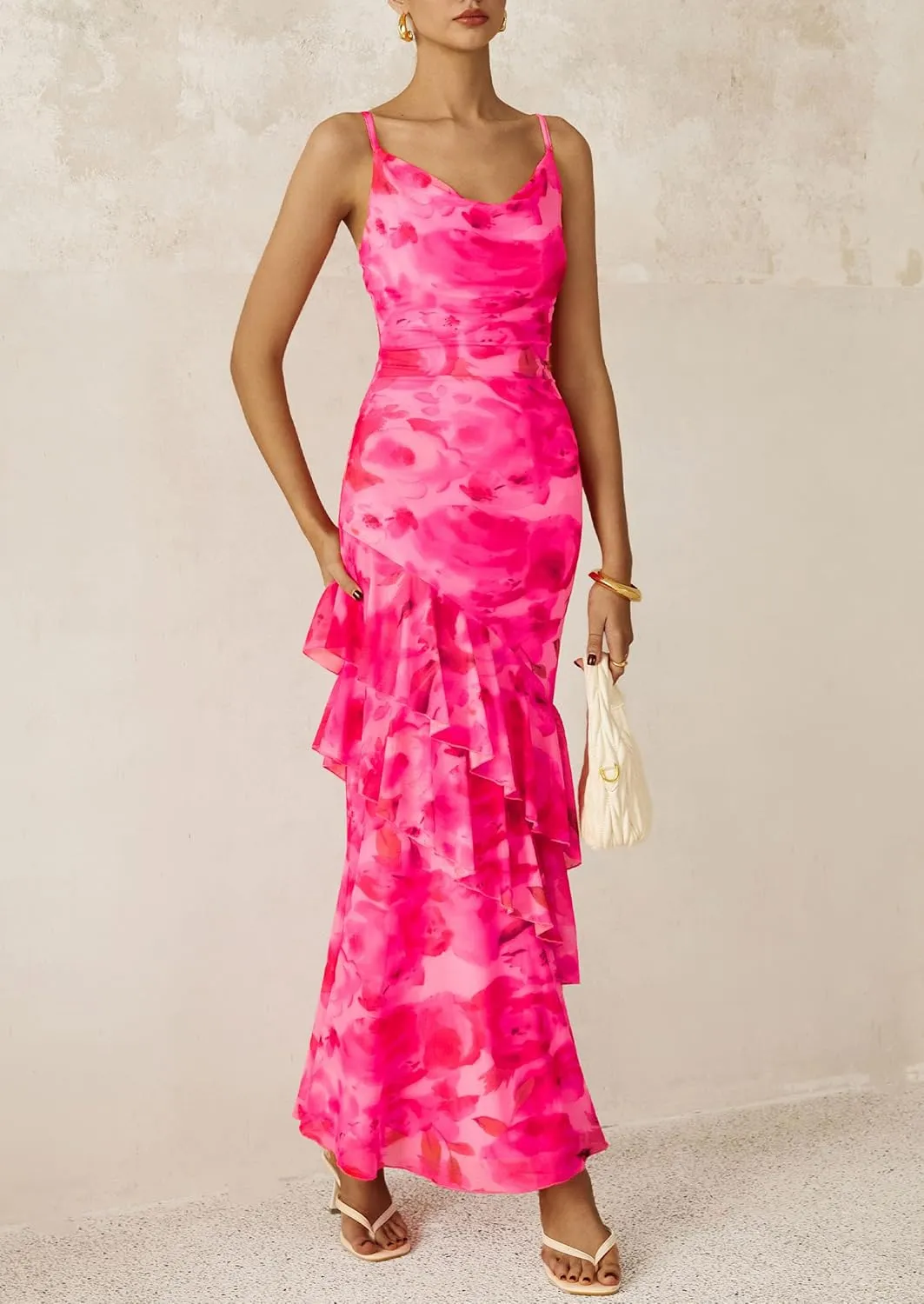 PRETTYGARDEN Maxi Dresses for Women 2025 Summer Tiered Floral Beach Sundress Spaghetti Strap Wedding Guest Long Dress
