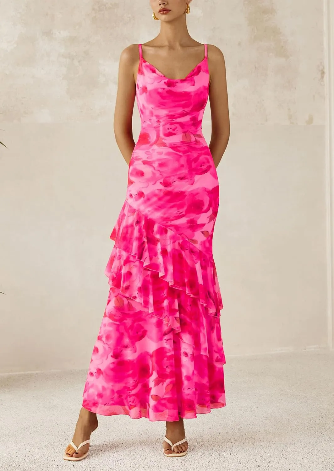 PRETTYGARDEN Maxi Dresses for Women 2025 Summer Tiered Floral Beach Sundress Spaghetti Strap Wedding Guest Long Dress
