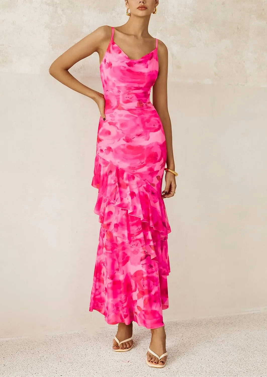 PRETTYGARDEN Maxi Dresses for Women 2025 Summer Tiered Floral Beach Sundress Spaghetti Strap Wedding Guest Long Dress