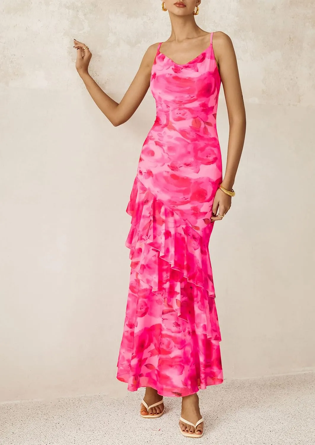 PRETTYGARDEN Maxi Dresses for Women 2025 Summer Tiered Floral Beach Sundress Spaghetti Strap Wedding Guest Long Dress