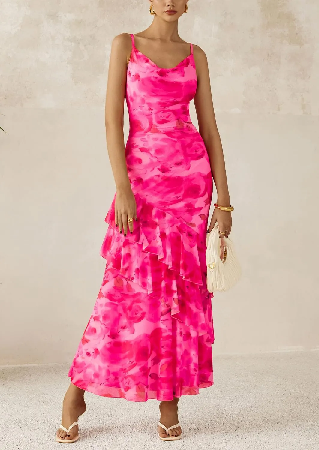 PRETTYGARDEN Maxi Dresses for Women 2025 Summer Tiered Floral Beach Sundress Spaghetti Strap Wedding Guest Long Dress