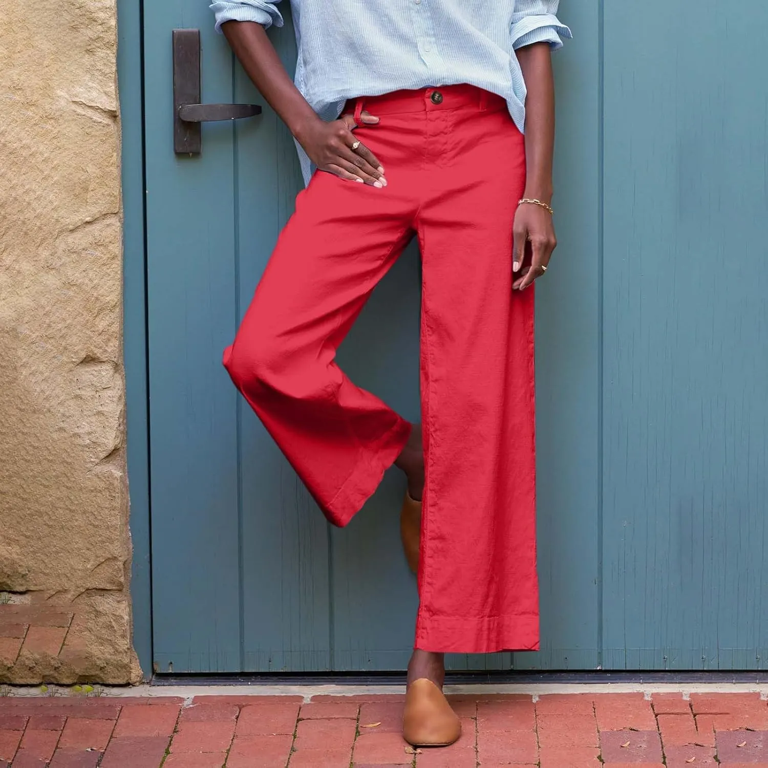 PTOLOCIF Cotton Linen Pants Women,Cotton Linen Palazzo Pants Drawstring Elastic Waist Beach Pants Wide Leg Dress Pants