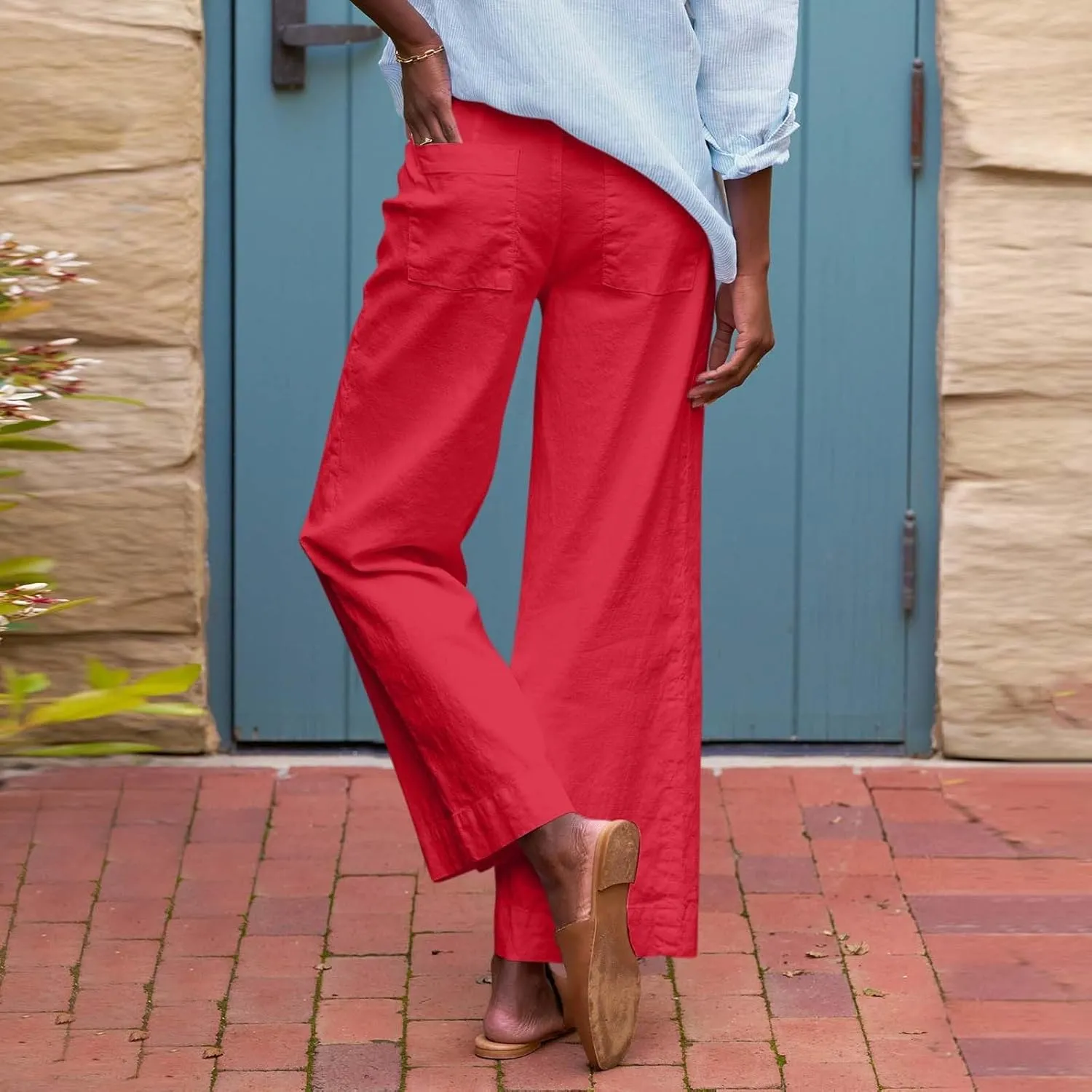 PTOLOCIF Cotton Linen Pants Women,Cotton Linen Palazzo Pants Drawstring Elastic Waist Beach Pants Wide Leg Dress Pants