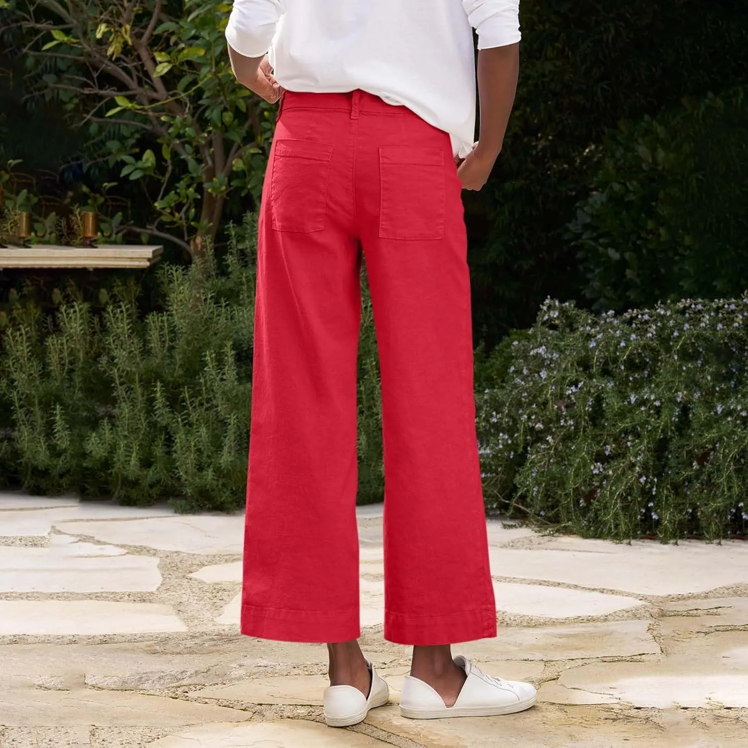 PTOLOCIF Cotton Linen Pants Women,Cotton Linen Palazzo Pants Drawstring Elastic Waist Beach Pants Wide Leg Dress Pants