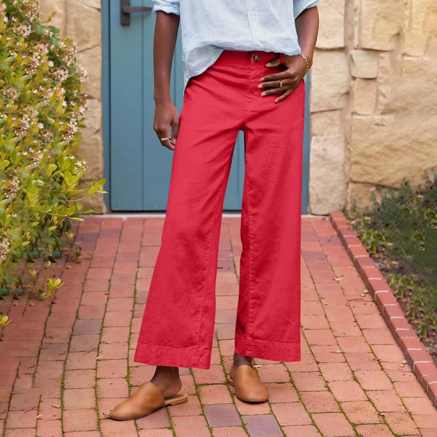 PTOLOCIF Cotton Linen Pants Women,Cotton Linen Palazzo Pants Drawstring Elastic Waist Beach Pants Wide Leg Dress Pants