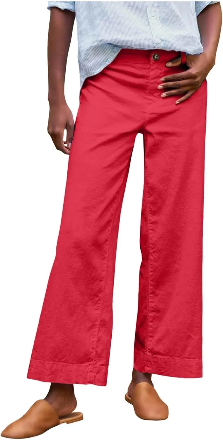 PTOLOCIF Cotton Linen Pants Women,Cotton Linen Palazzo Pants Drawstring Elastic Waist Beach Pants Wide Leg Dress Pants