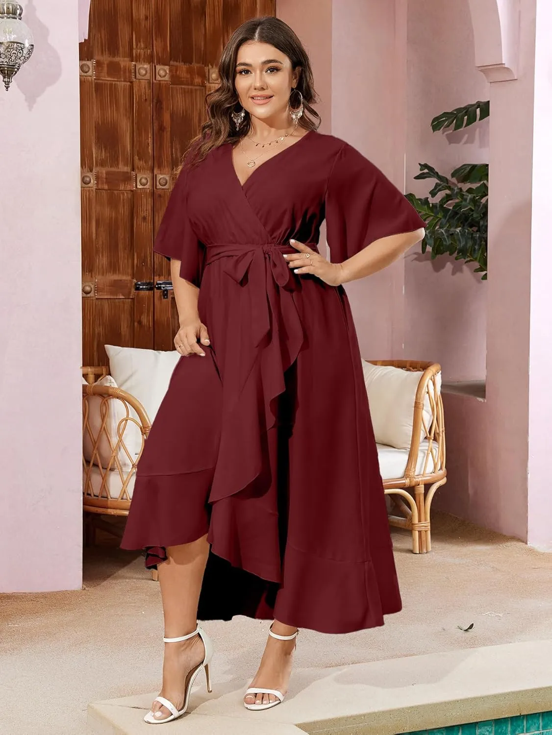 SCOMCHIC Women Plus Size Maxi Dress Short Sleeve Wrap V Neck High Low Split Ruffle Long Dress