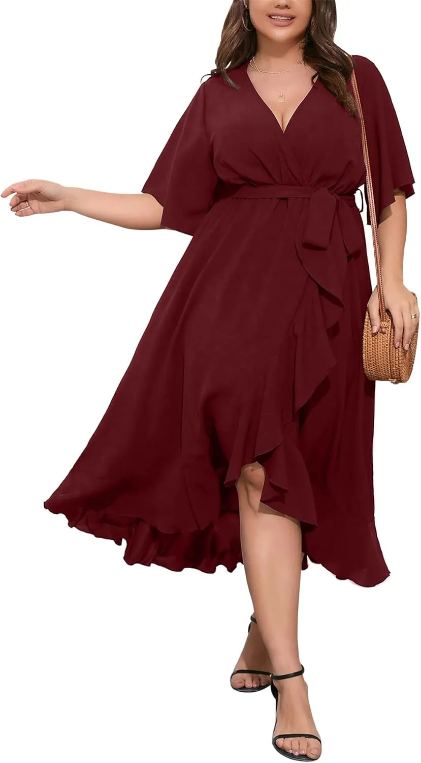SCOMCHIC Women Plus Size Maxi Dress Short Sleeve Wrap V Neck High Low Split Ruffle Long Dress