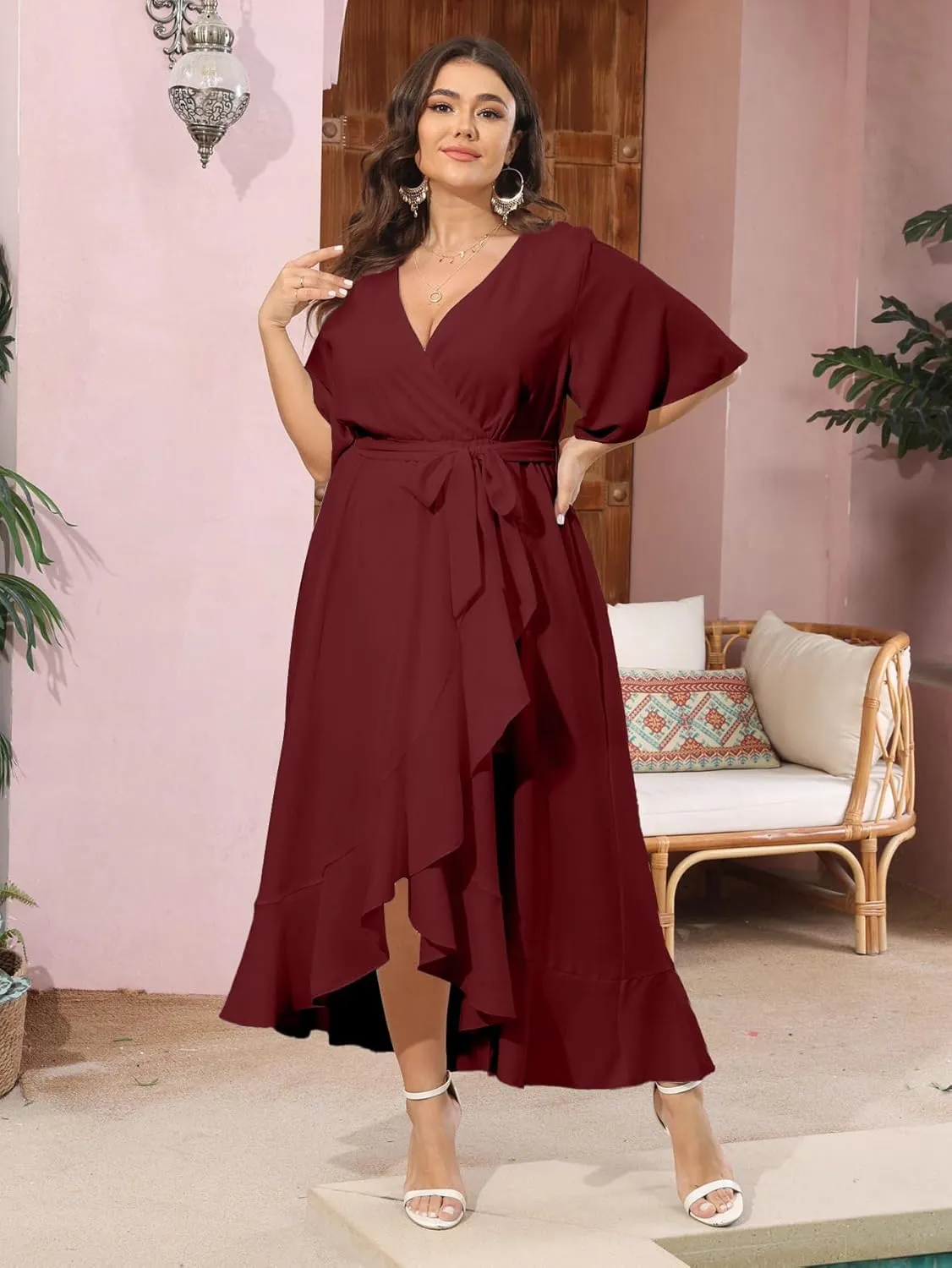SCOMCHIC Women Plus Size Maxi Dress Short Sleeve Wrap V Neck High Low Split Ruffle Long Dress