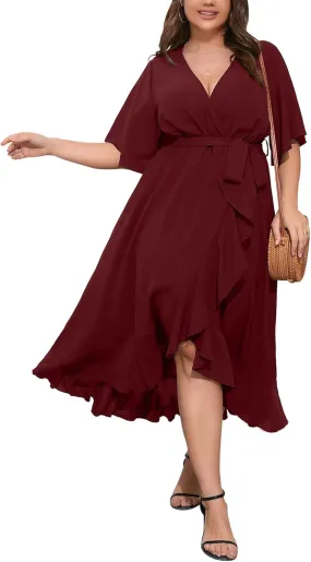 SCOMCHIC Women Plus Size Maxi Dress Short Sleeve Wrap V Neck High Low Split Ruffle Long Dress